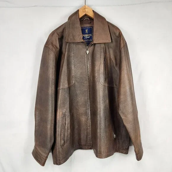 Vtg Browning Gold Brown Leather Jacket Men's XL TG Shoulder Patch Zip Logo - Picture 1 of 16